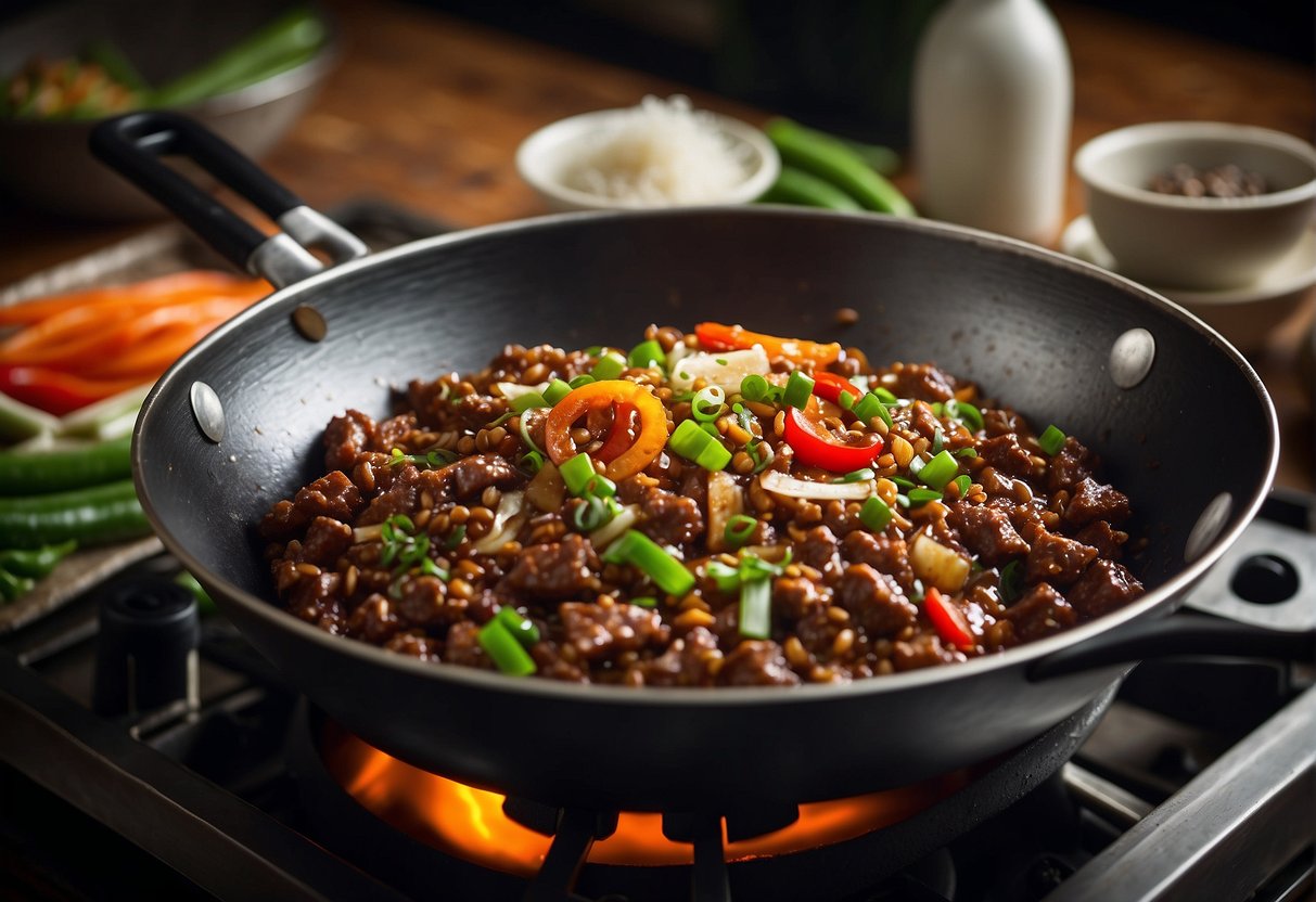 A wok sizzles with minced beef, garlic, and ginger. Soy sauce and hoisin add rich color. Green onions and red chilies wait to garnish