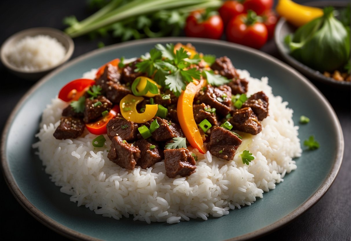 A sizzling wok of stir-fried minced beef with colorful vegetables and aromatic spices, garnished with fresh cilantro and served on a bed of steamed white rice