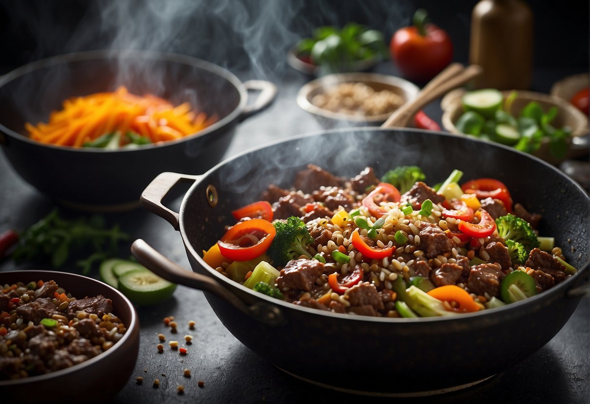 A sizzling wok cooks up a savory Chinese-style minced beef dish, surrounded by colorful vegetables and aromatic spices. A nutrition label with detailed dietary information is displayed nearby