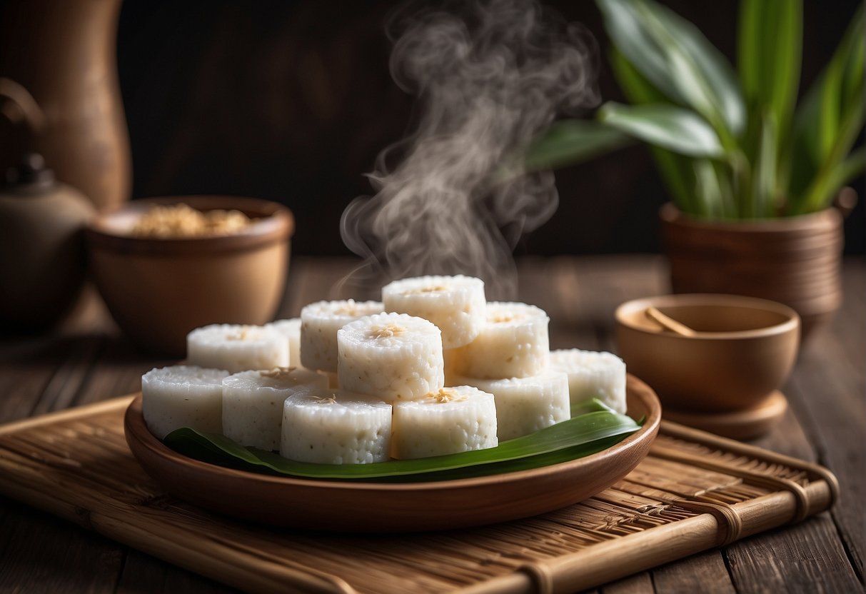 A steaming bamboo steamer filled with freshly made Chinese fatt koh, a traditional sweet rice cake, sitting on a rustic wooden table