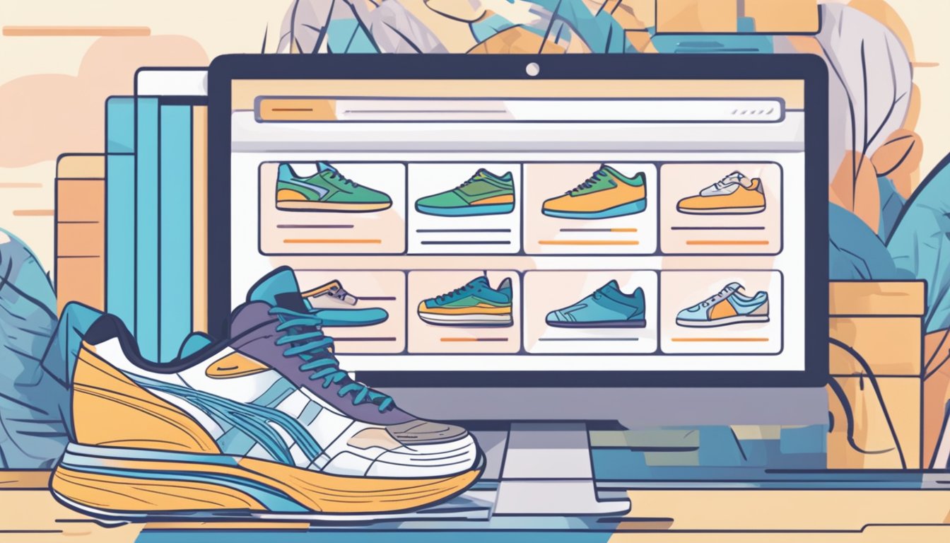 A computer screen displaying a webpage with a list of frequently asked questions about buying sneakers online. The page is filled with text and colorful images of different shoe styles