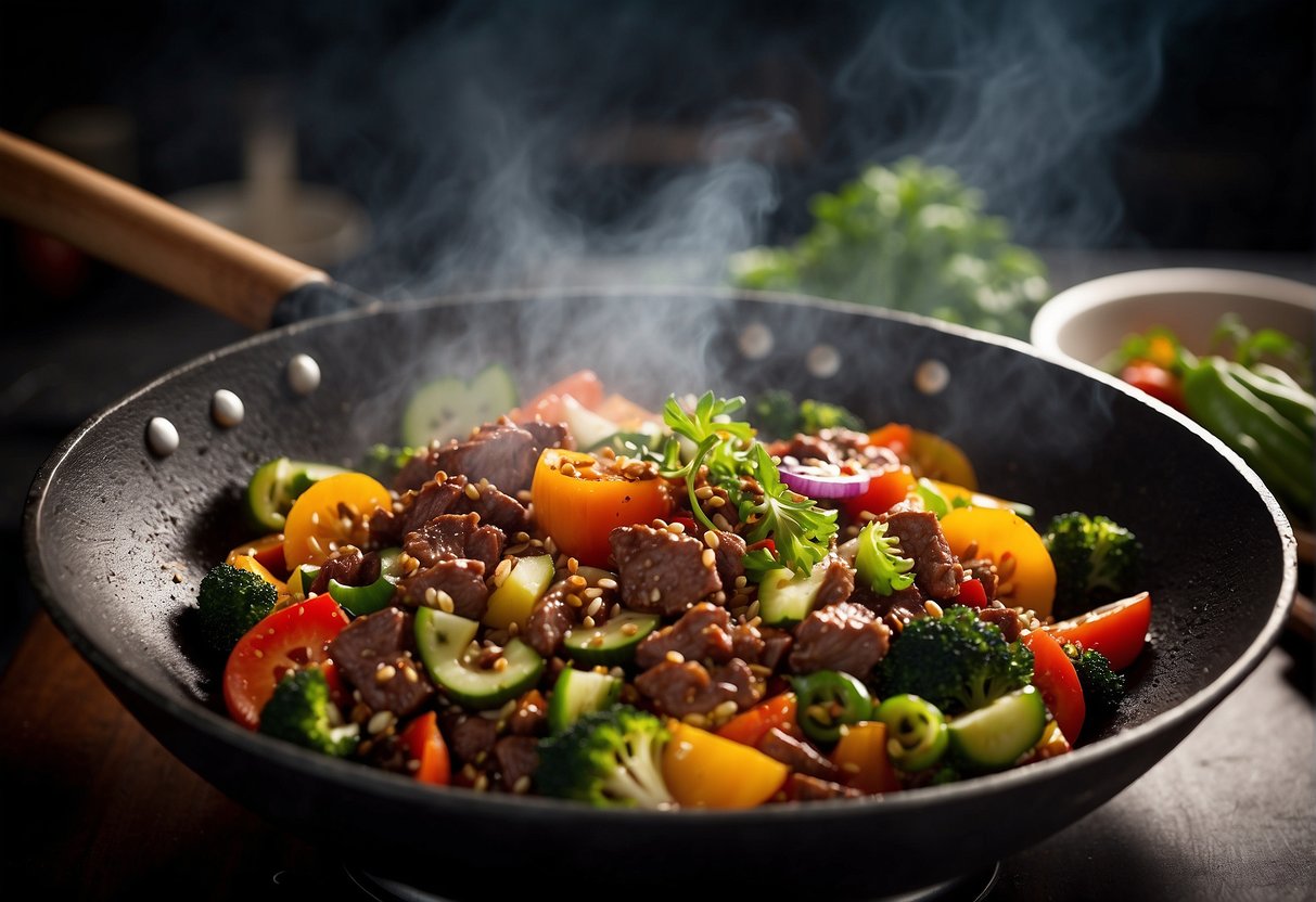 A sizzling wok stir-frying minced beef with aromatic Chinese spices and vegetables. Smoke rises as the ingredients blend together in a tantalizing aroma