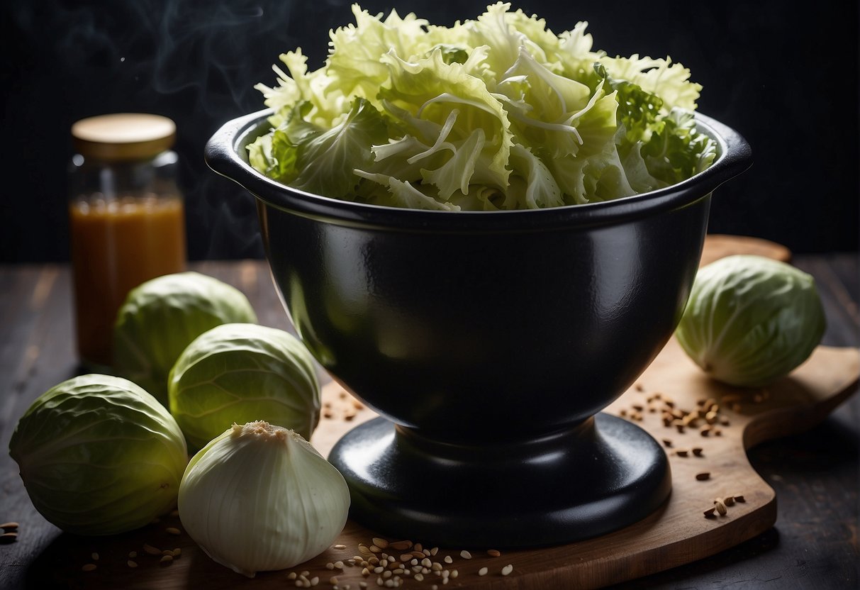 A large ceramic crock holds shredded cabbage, salt, and spices, fermenting in a dark, cool room