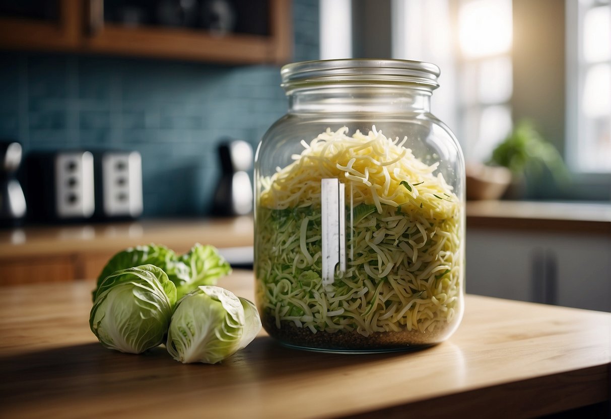 A large glass jar filled with shredded cabbage, salt, and spices, sitting on a kitchen counter. Bubbles rising to the surface indicate the fermentation process