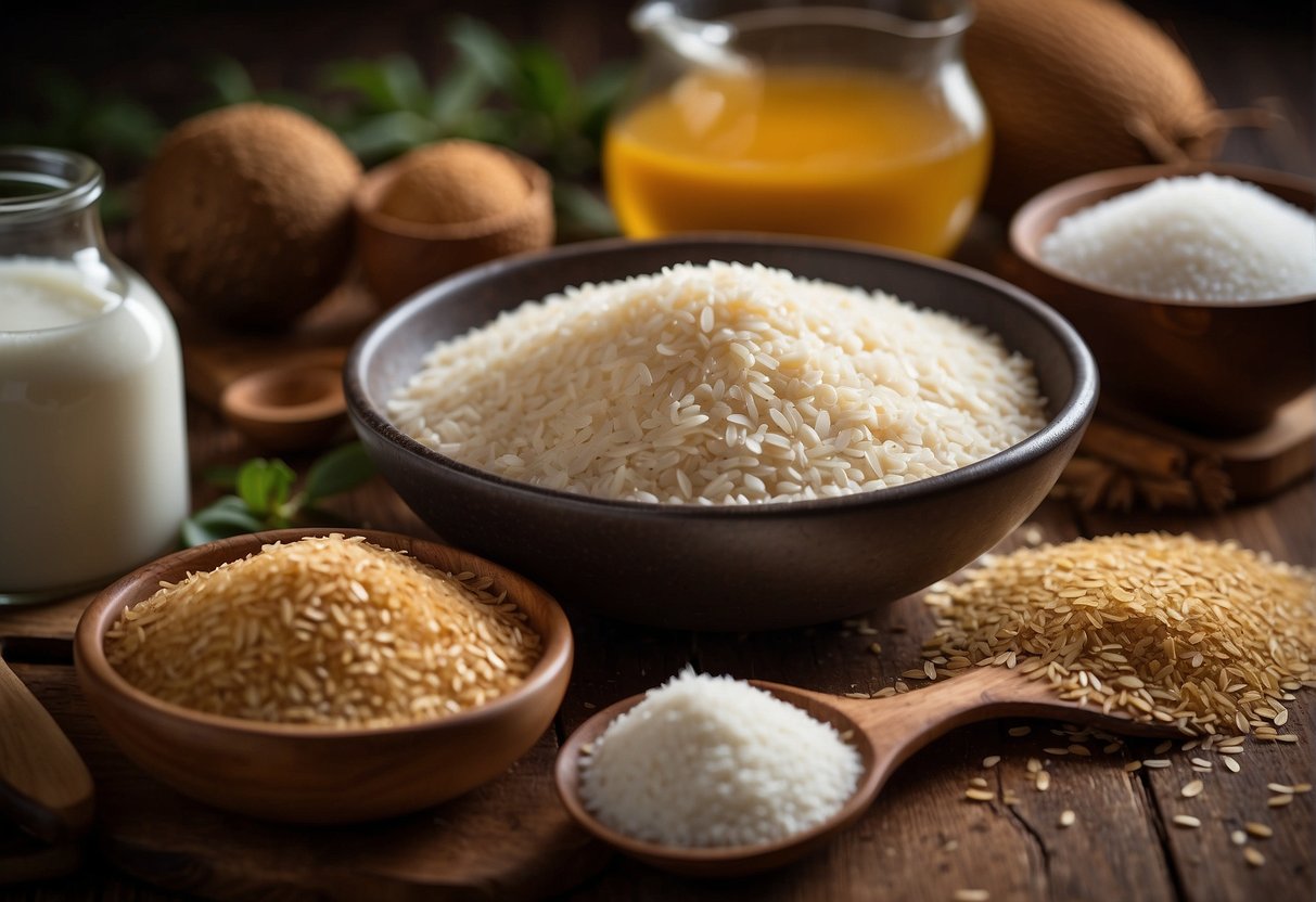 A table with ingredients: rice flour, sugar, yeast, water. Possible substitutions: coconut milk, brown sugar, baking powder
