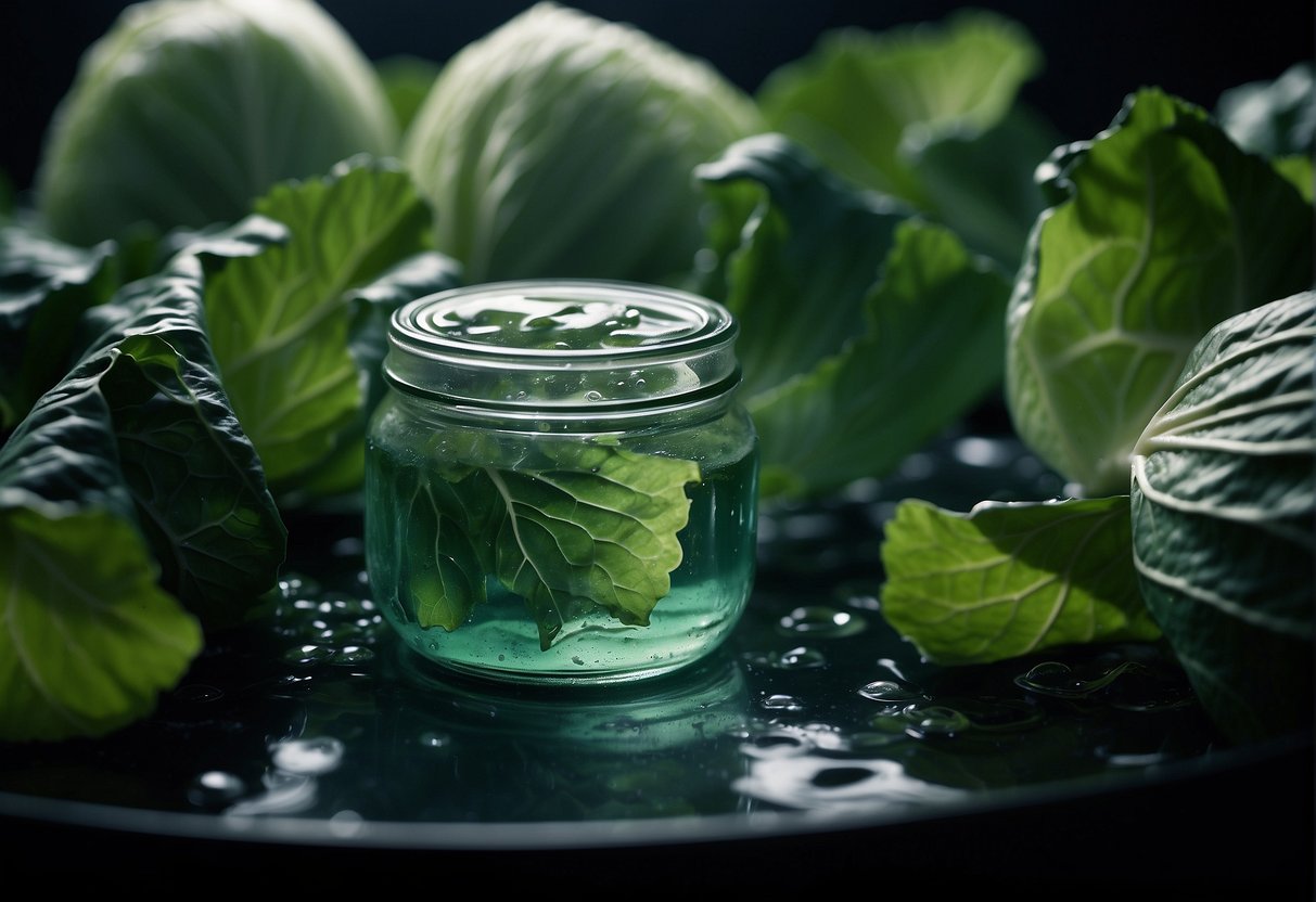 Cabbage leaves submerged in brine, bubbles rising, jars sealed, and placed in a dark, cool environment for several weeks