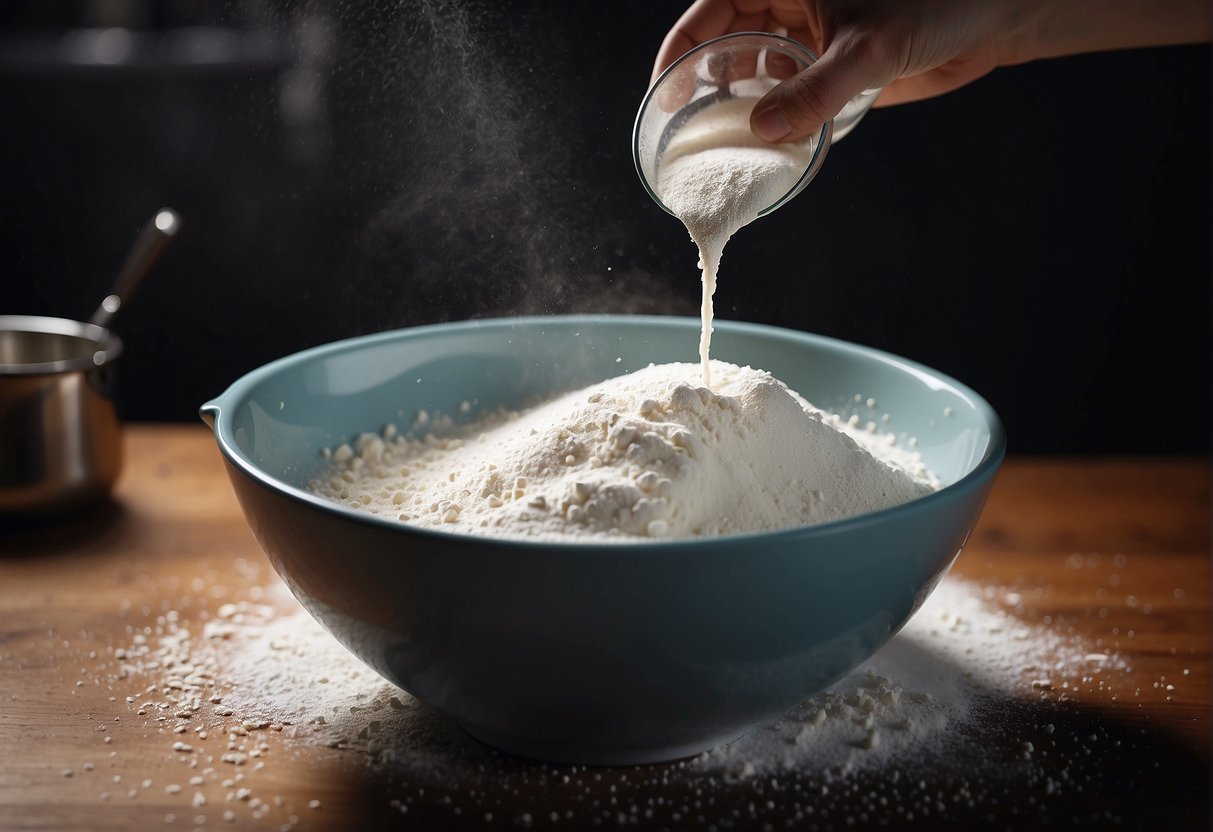 A hand pouring a mixture of flour, sugar, and water into a large bowl, with a whisk nearby