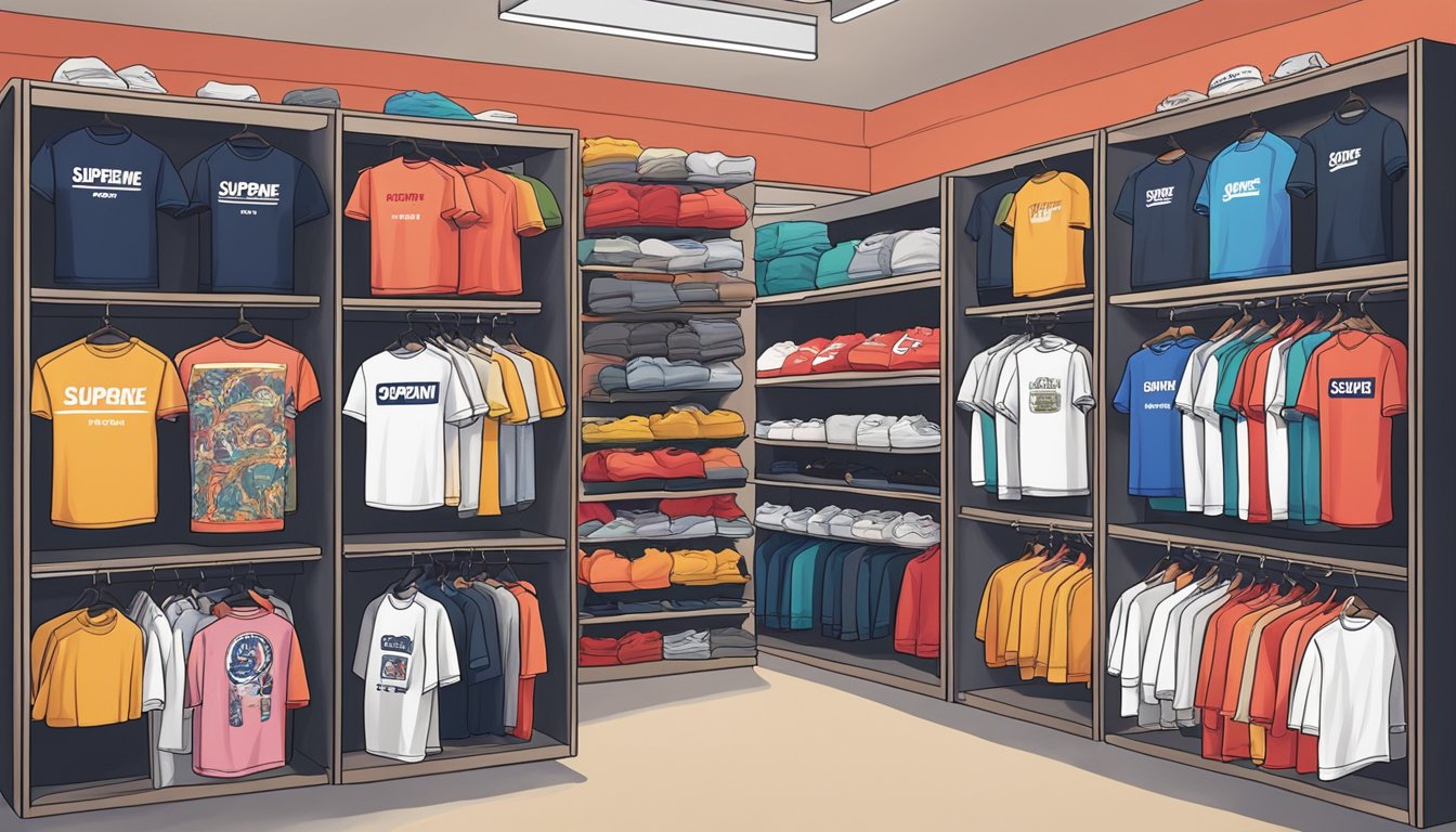 A display of Supreme T-shirts in a trendy Singaporean streetwear store, with various designs and colors neatly arranged on shelves