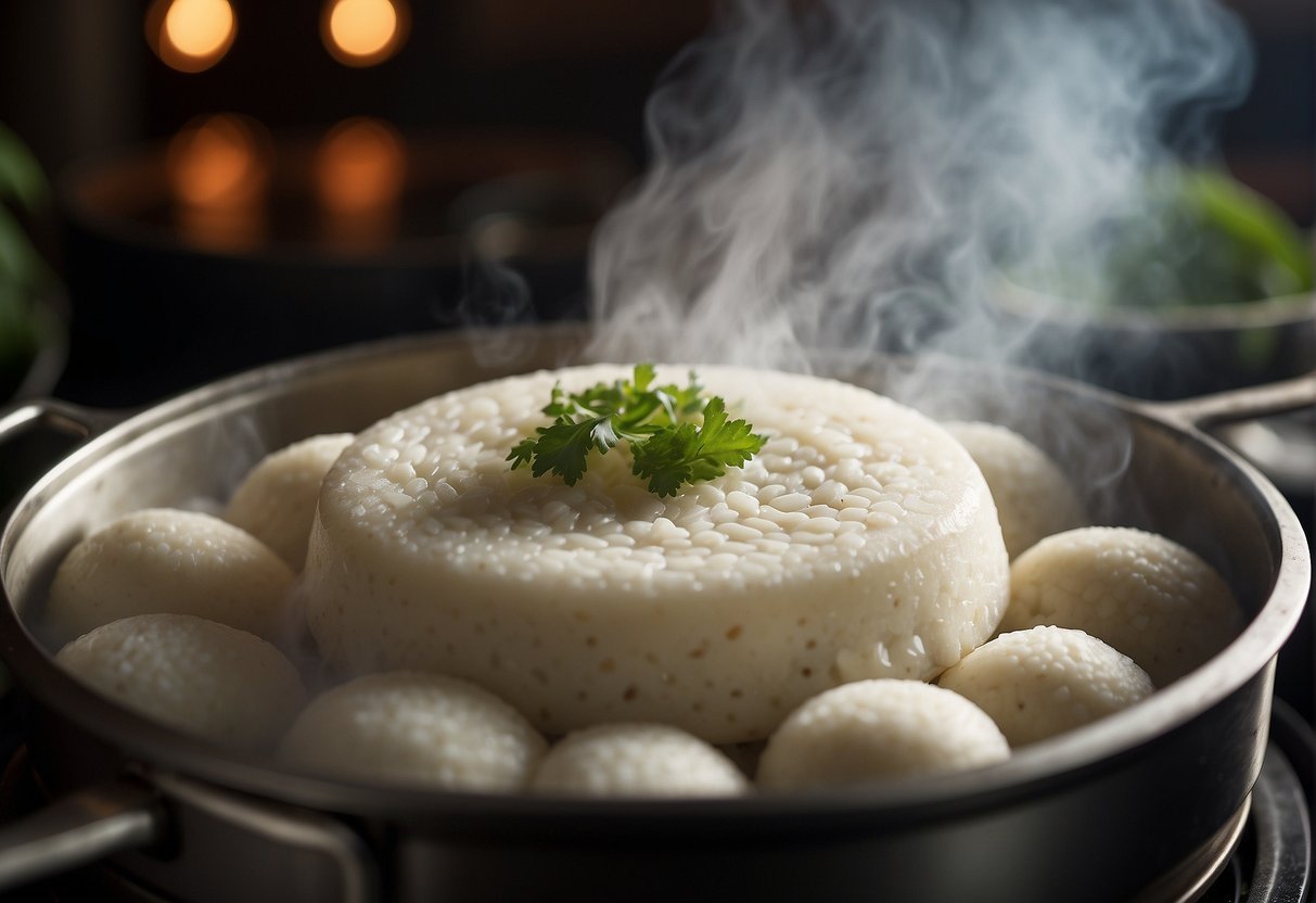 Steam rises from a bamboo steamer filled with Chinese fatt koh, a traditional steamed rice cake, as it cooks on a stovetop