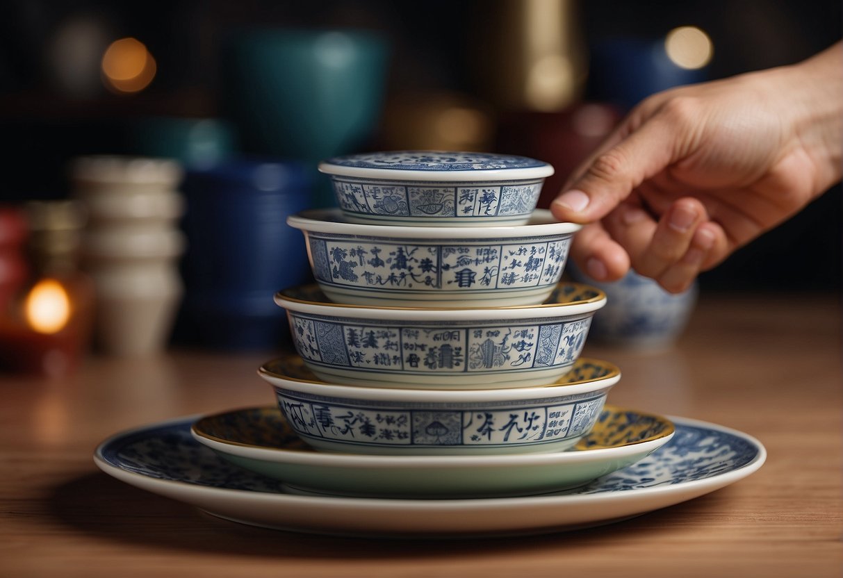 A hand placing Chinese fatt koh on a decorative plate, with a stack of containers for storage in the background