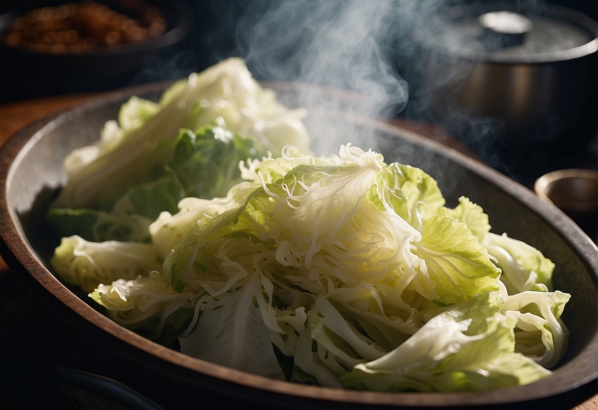 Chinese fermented cabbage being seasoned with spices and flavorings in a traditional kitchen setting