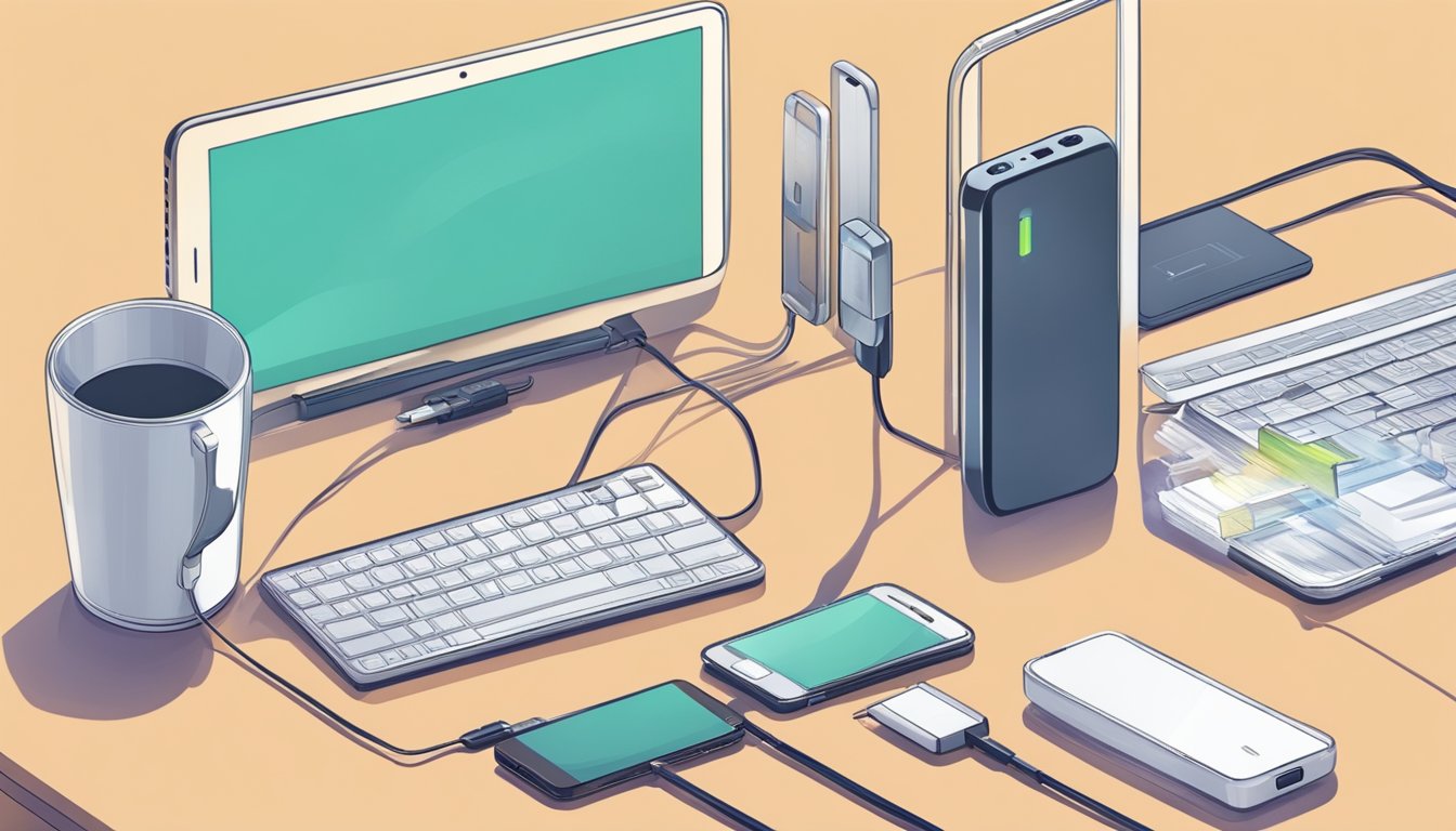 A hand reaches for a sleek portable charger on a cluttered desk. The charger is plugged into a phone, with a laptop and other electronic devices nearby