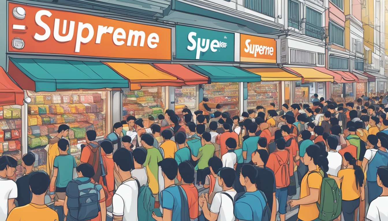A crowded street in Singapore with a prominent store front displaying "Supreme" t-shirts. People are seen browsing and pointing at the merchandise