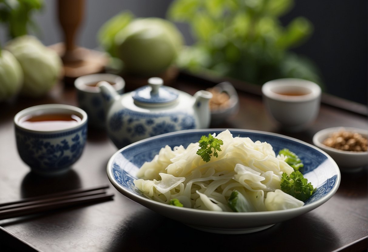 A table set with a bowl of Chinese fermented cabbage, chopsticks, and a teapot