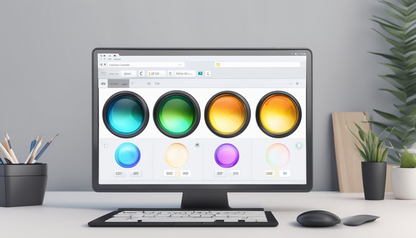Colorful lenses displayed on a computer screen with a "buy now" button