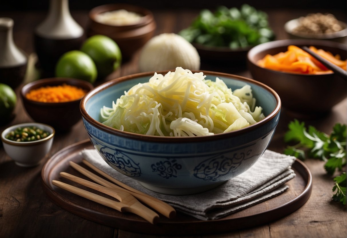 A bowl of Chinese fermented cabbage surrounded by ingredients and cooking utensils. A recipe book open to the "Frequently Asked Questions" page