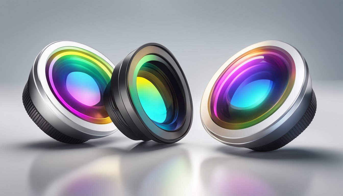 A pair of vibrant coloured lenses displayed on a clean, white surface with a soft, diffused light shining on them