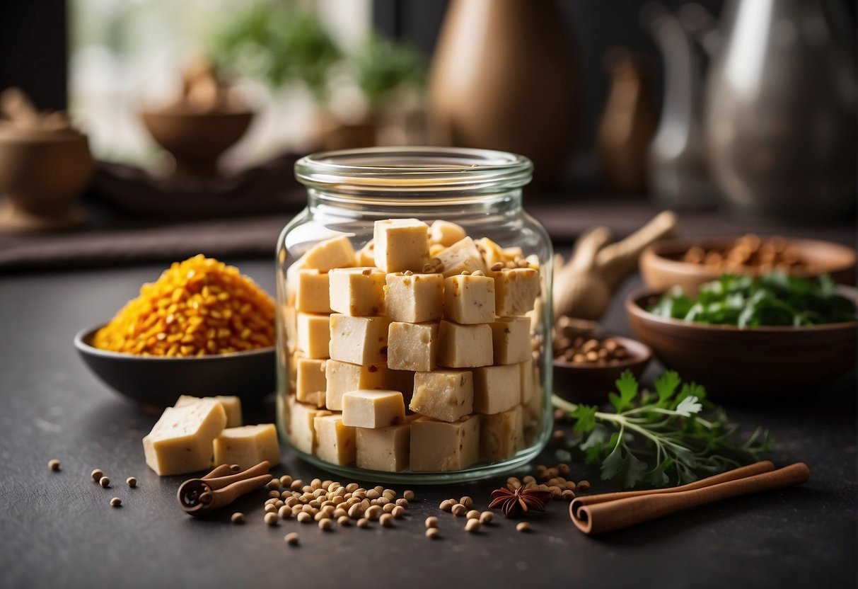A glass jar filled with chunks of fermenting tofu, surrounded by traditional Chinese spices and ingredients. A subtle aroma of fermentation fills the air