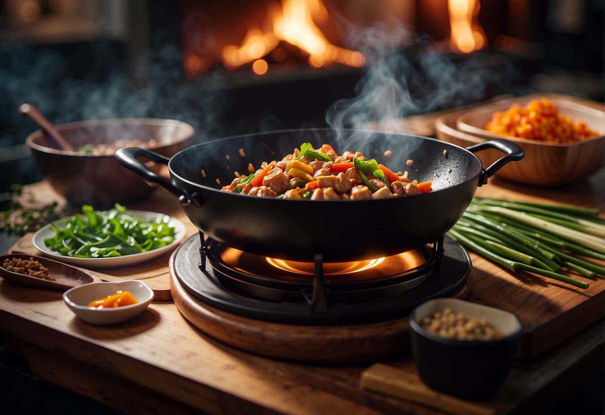 A wok sizzles with minced chicken, garlic, and ginger, while soy sauce and oyster sauce are added for a savory aroma. Chopped vegetables wait nearby for a colorful addition