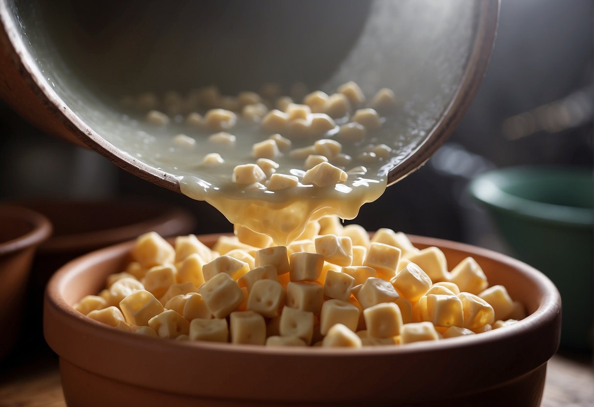 Soybean curds sit in a brine solution, fermenting in a clay pot. The air is filled with the pungent aroma of the fermenting tofu