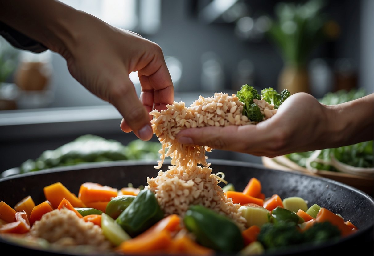 A hand reaches for fresh vegetables and minced chicken, preparing to cook a Chinese recipe
