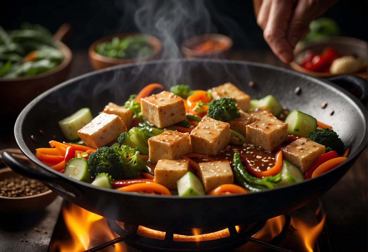 A wok sizzles with Chinese fermented tofu, surrounded by vibrant vegetables and aromatic spices. A chef's hand adds a splash of soy sauce, infusing the dish with rich umami flavor
