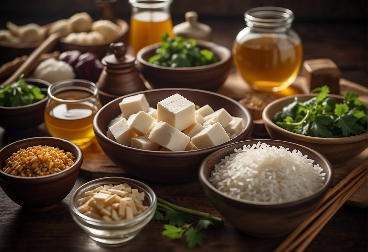 A table with various ingredients and utensils laid out for making Chinese fermented tofu, including tofu cubes, rice wine, salt, and a fermentation jar