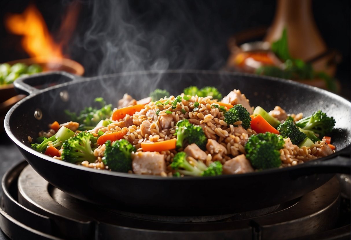Minced chicken sizzling in a wok with ginger, garlic, and soy sauce. Chopped vegetables and spices nearby