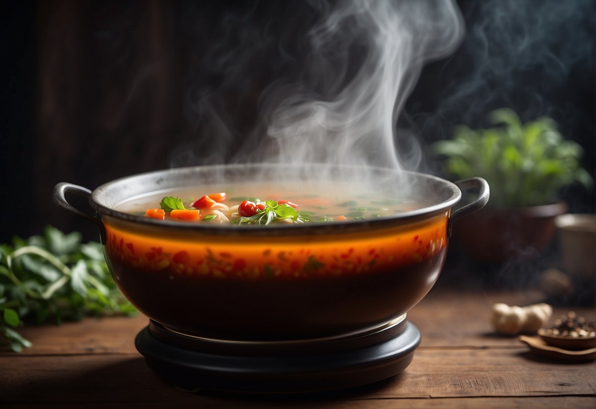 A steaming pot of Chinese fertility soup sits on a rustic wooden table, filled with nourishing ingredients like goji berries, ginger, and black chicken. A fragrant cloud of steam rises from the soup, creating a warm and inviting atmosphere