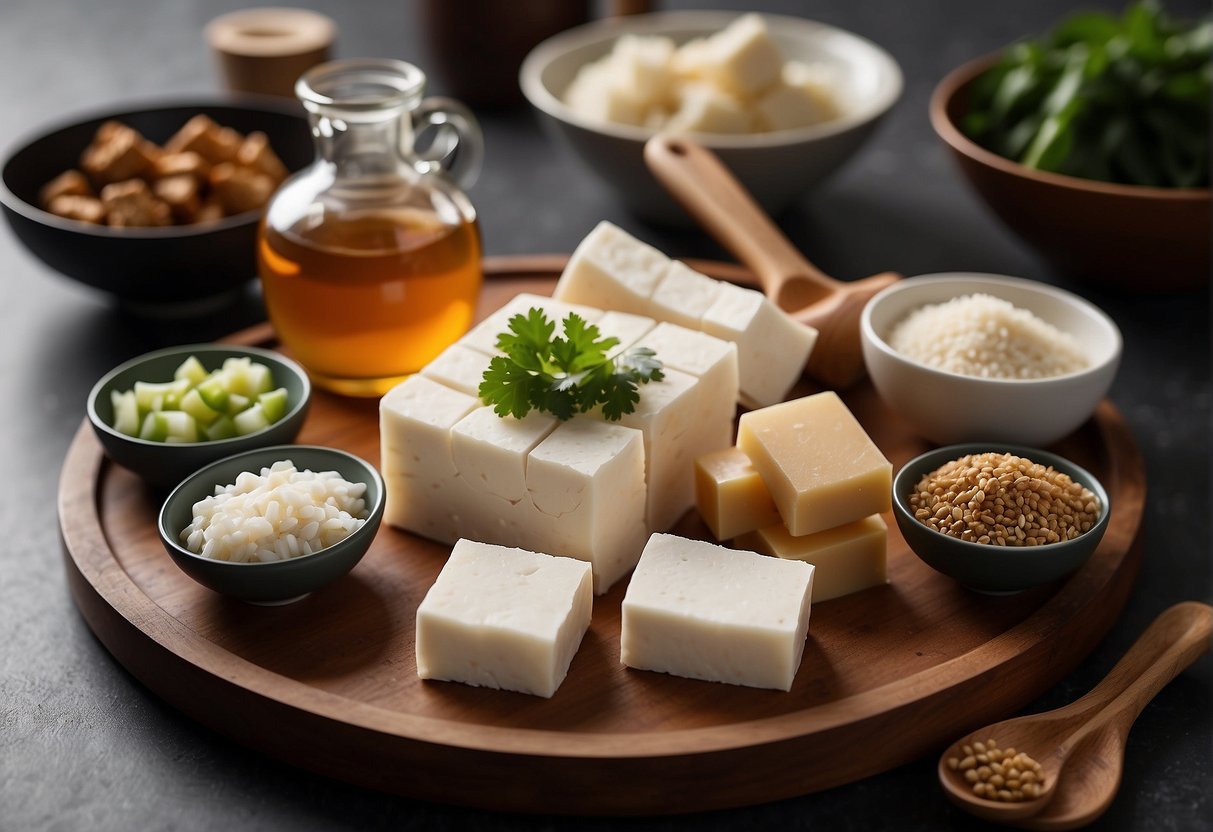 A table with ingredients and utensils for making Chinese fermented tofu