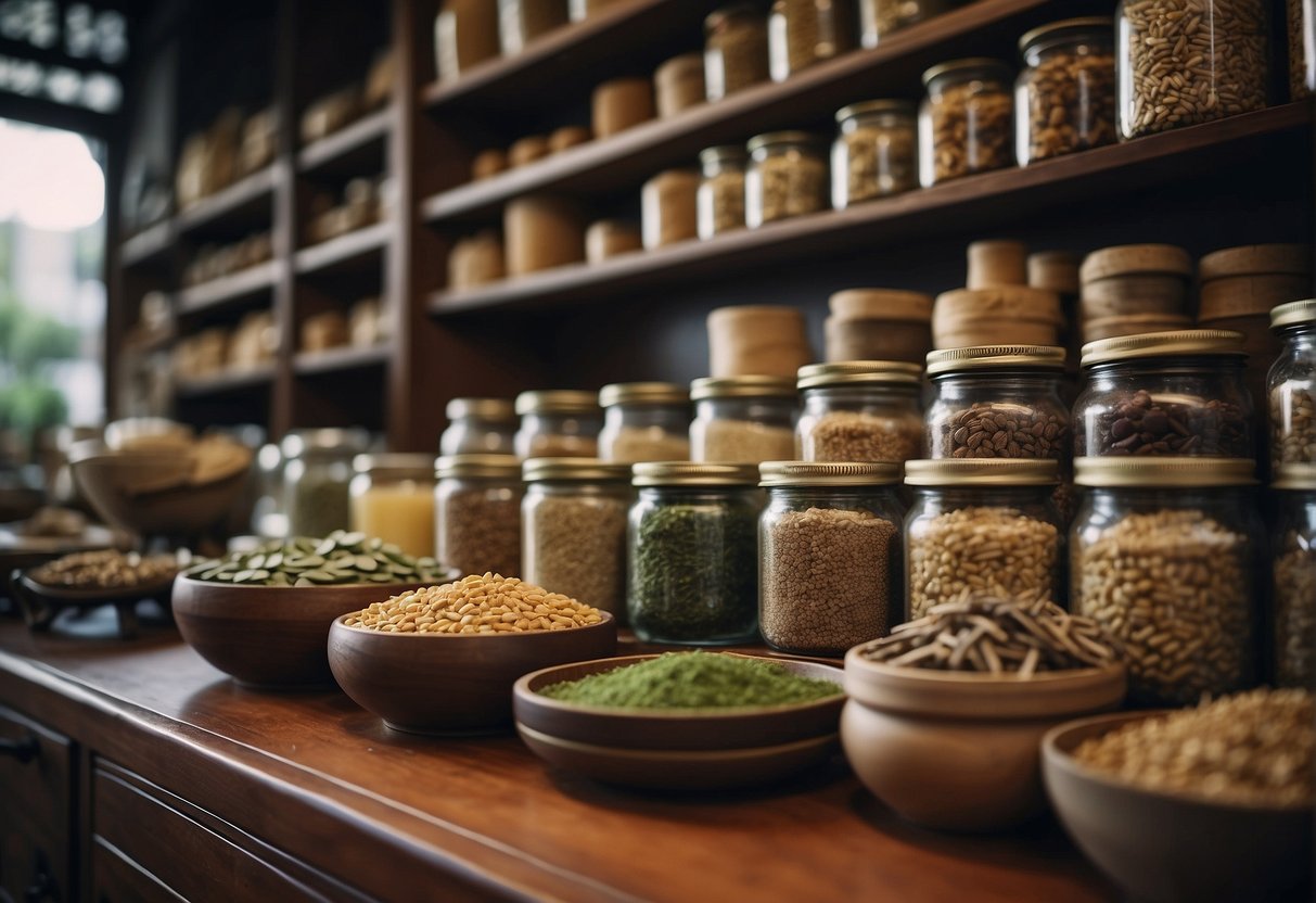 A traditional Chinese medicine shop displays ancient herbs and ingredients for fertility soups