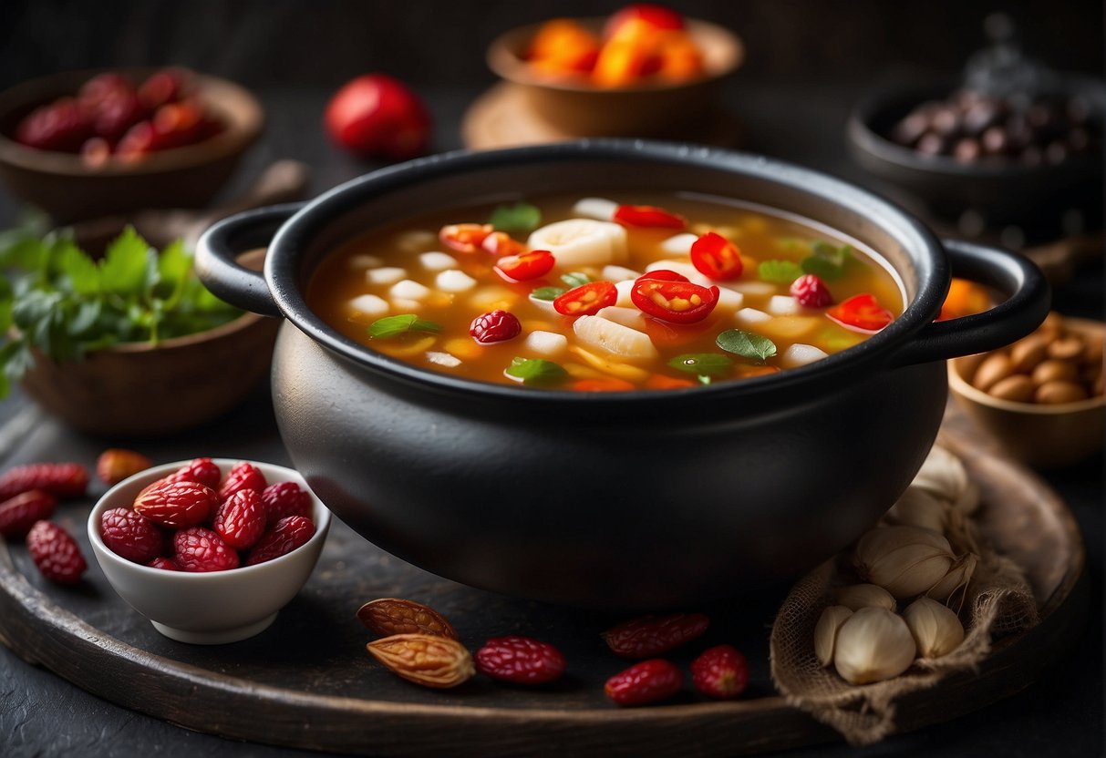 A bubbling cauldron filled with traditional Chinese fertility soup ingredients: goji berries, red dates, lotus seeds, and black chicken