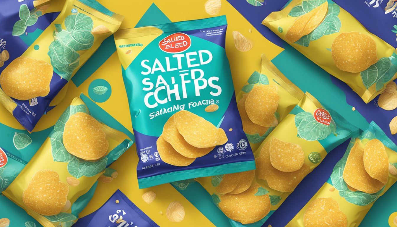 A bag of salted egg potato chips sits on a colorful display at a Singaporean grocery store. The packaging features a bold and vibrant design, with the words "salted egg potato chips" prominently displayed