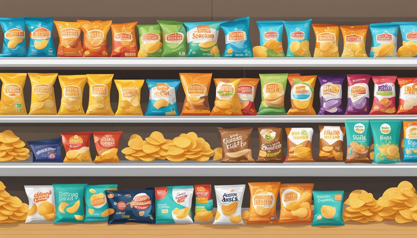 A display of salted egg potato chips in a Singaporean grocery store, with various brands and flavors lined up on shelves