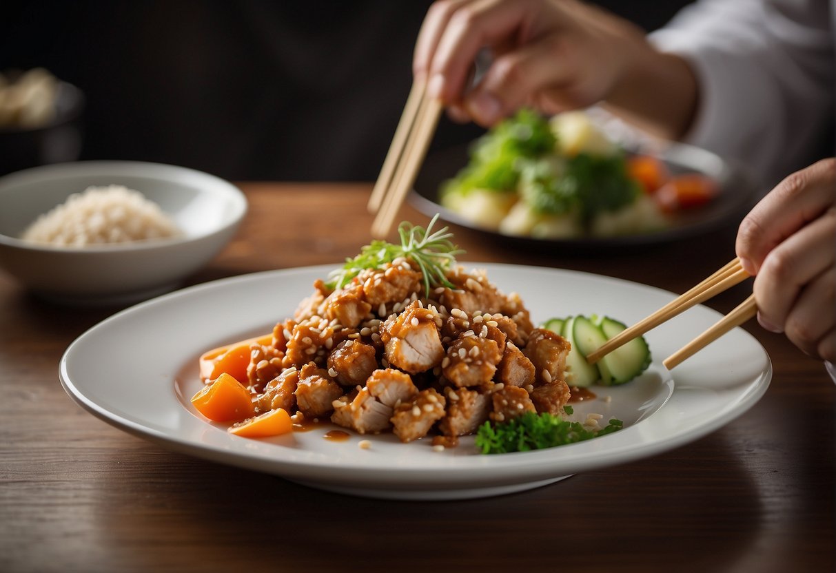 A chef is serving a minced chicken dish on a white plate, with chopsticks and a small bowl of soy sauce on the side