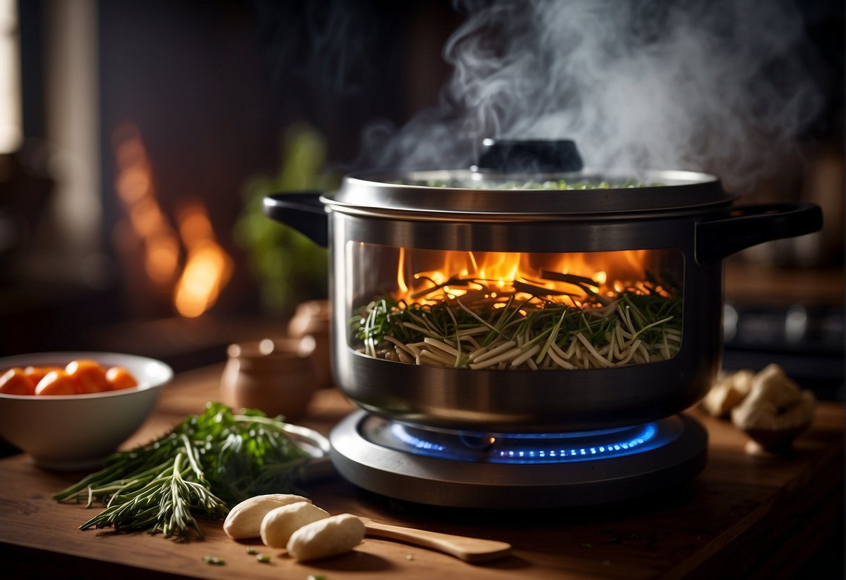 A pot simmers on a stove, filled with Chinese herbs and ingredients for fertility soup. Steam rises as the ingredients meld together, creating a warm and inviting aroma