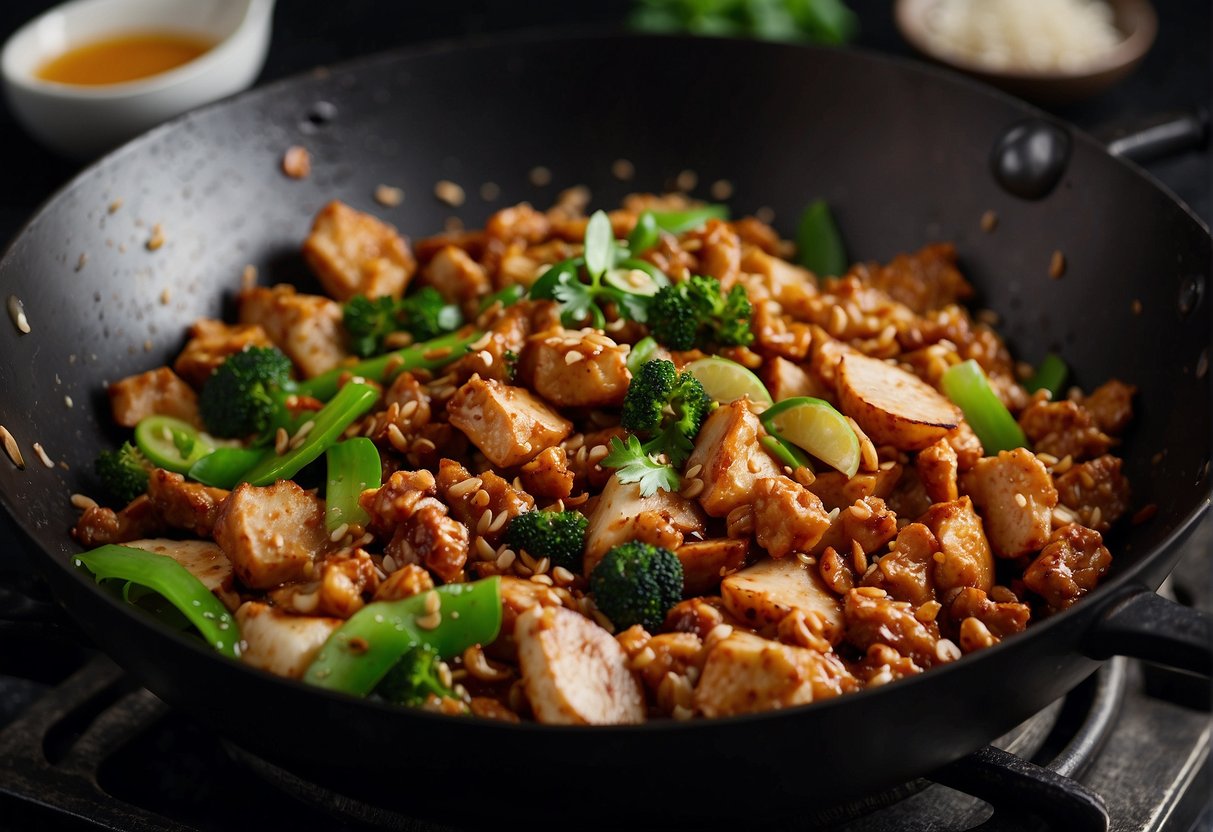A wok sizzles as minced chicken, ginger, and garlic are stir-fried. Leftover vegetables and soy sauce are added, creating a savory Chinese minced chicken dish
