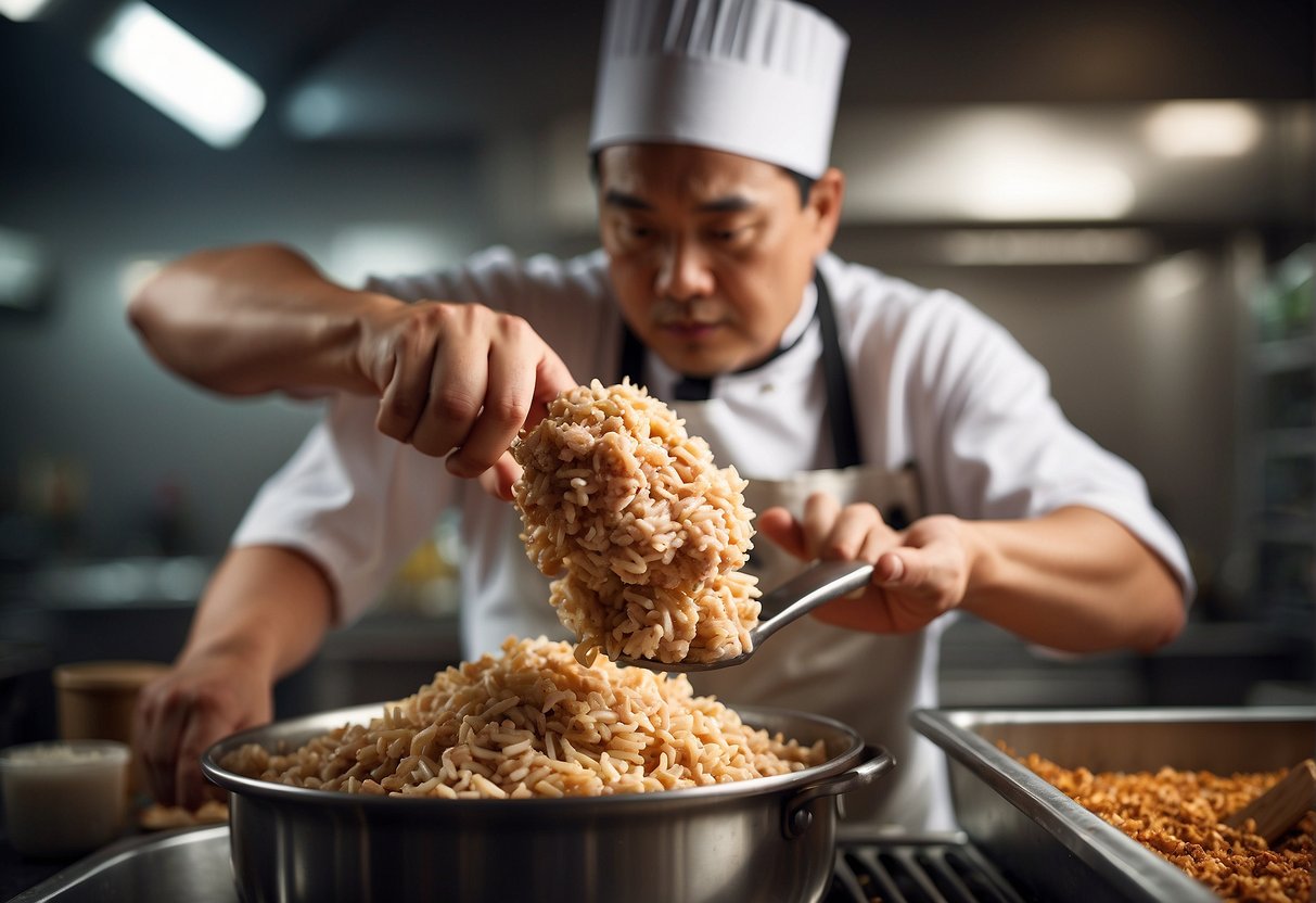 A chef mixes minced chicken with traditional Chinese spices in a bustling kitchen