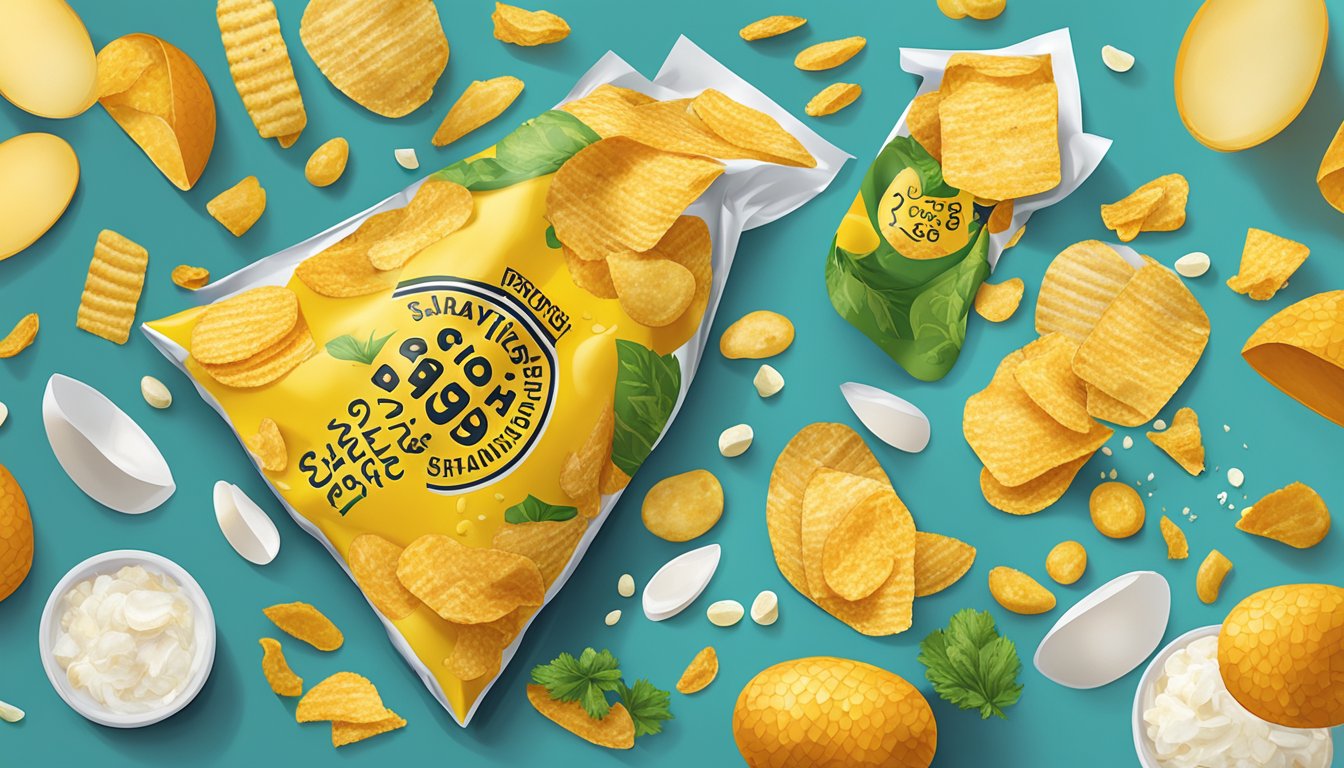 A bag of salted egg potato chips sits on a table, surrounded by various other salted egg snacks. The packaging features bold, vibrant colors and enticing images