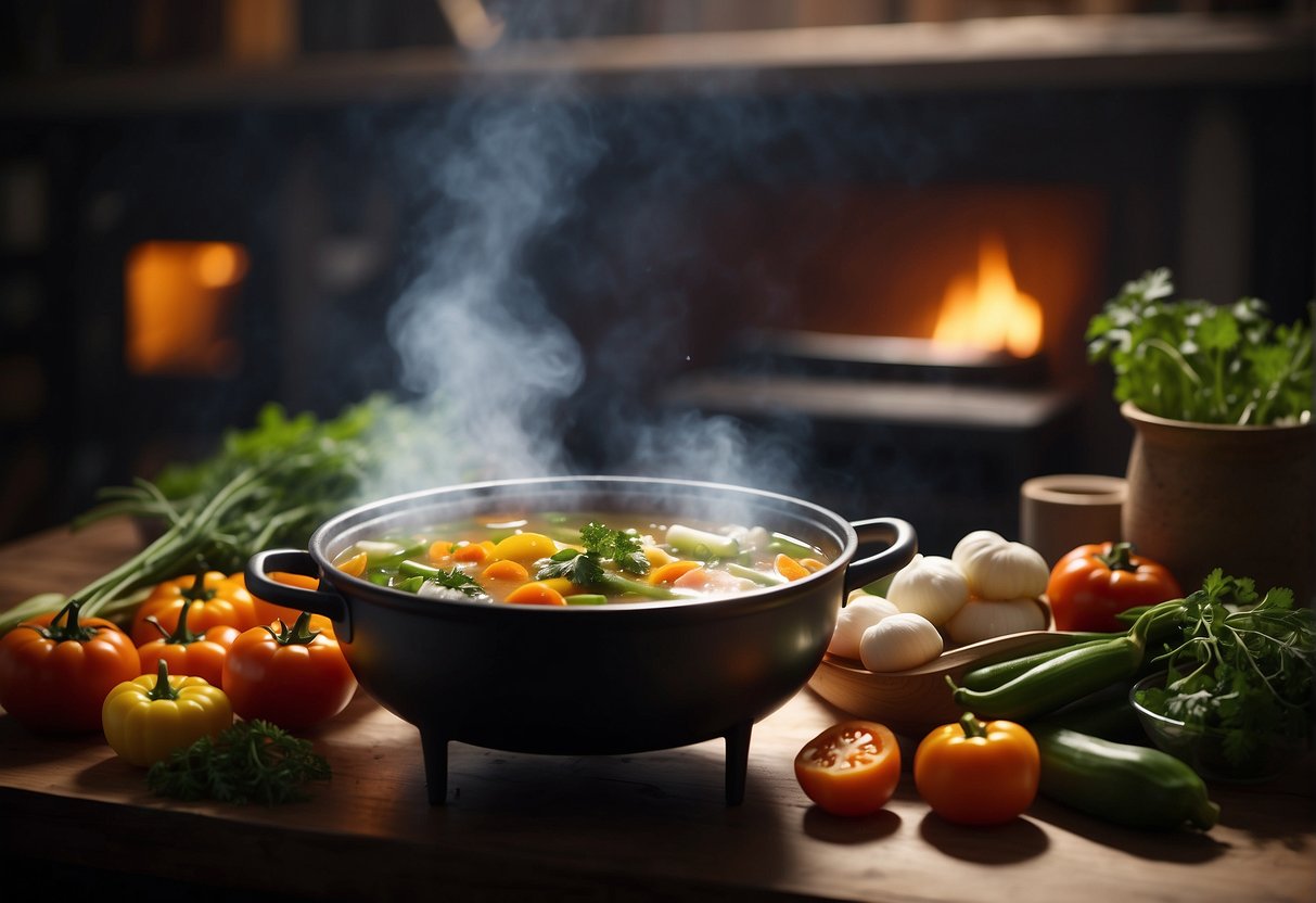 A steaming pot of Chinese fertility soup surrounded by colorful vegetables and herbs, with a warm, inviting glow emanating from the kitchen stove