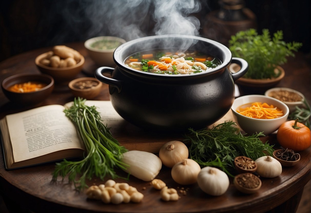 A steaming pot of Chinese fertility soup surrounded by traditional herbs and ingredients, with a recipe book open to the "Frequently Asked Questions" page