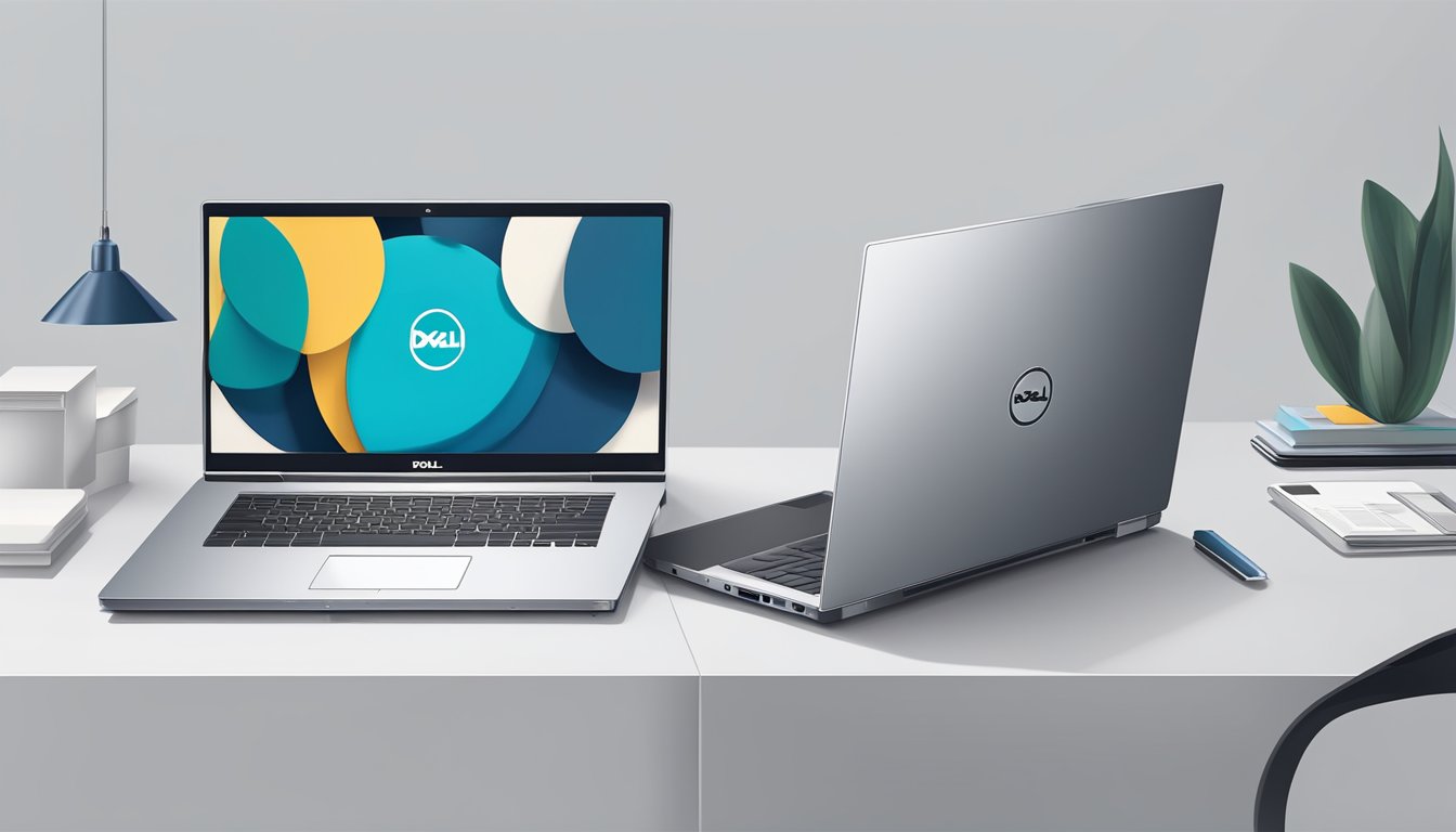 An open laptop with the Dell logo displayed on the screen, surrounded by a clean and minimalist workspace