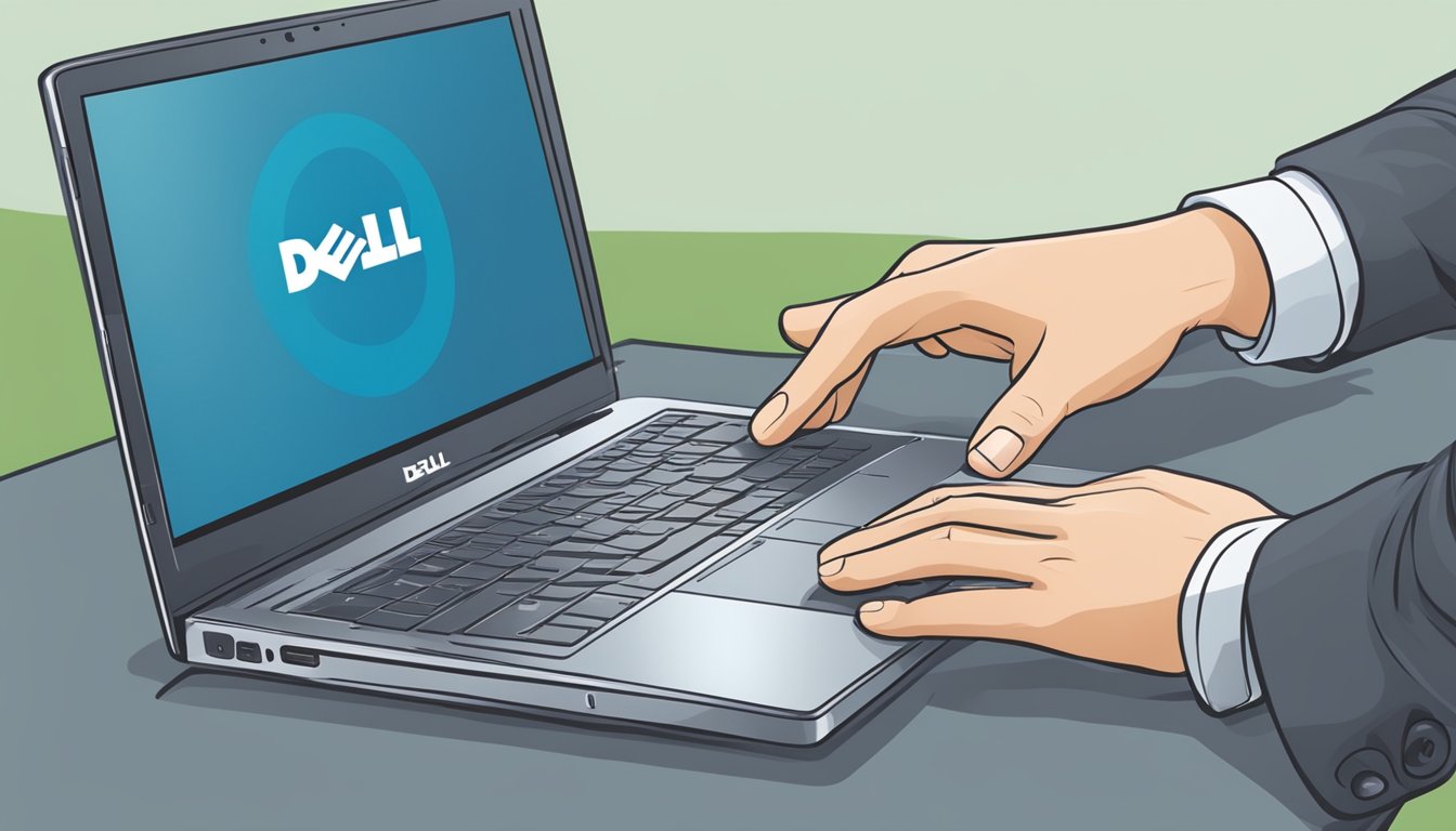 A hand clicks "Add to Cart" for a Dell laptop on a computer screen