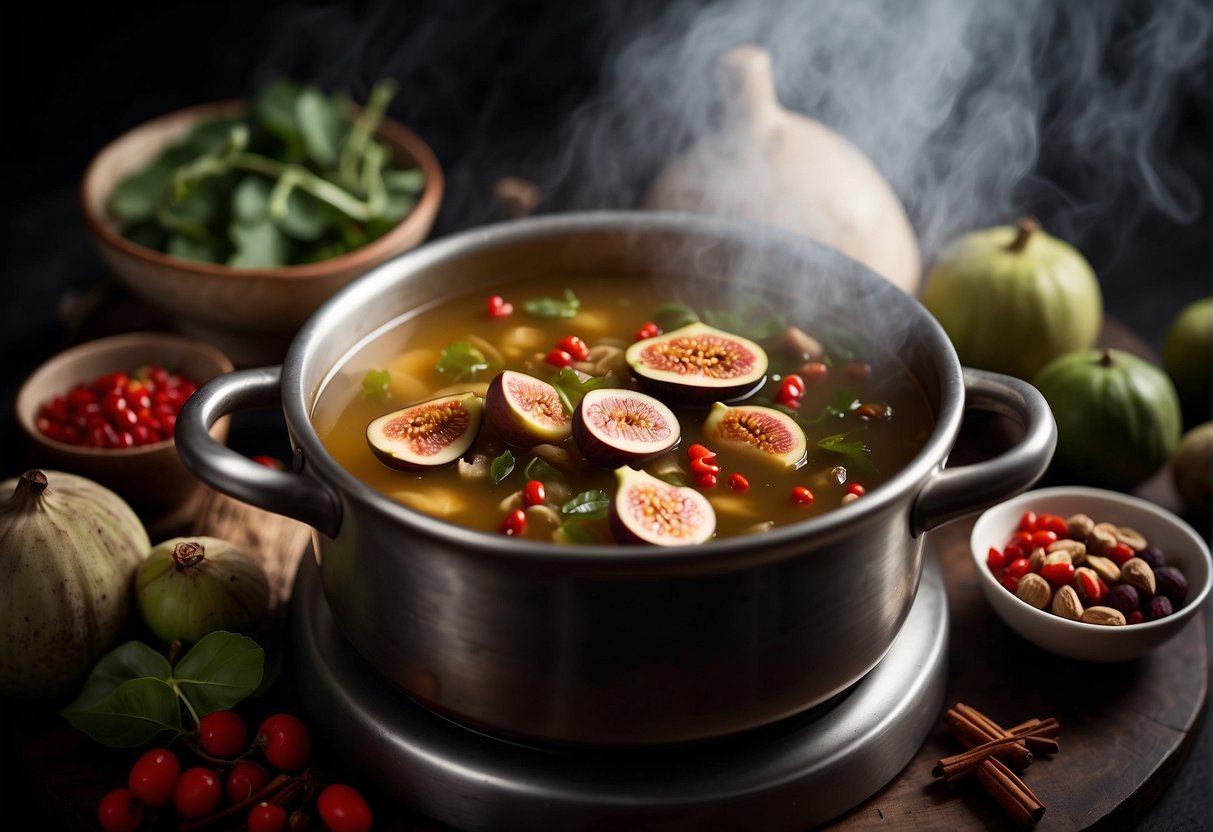 A steaming pot of Chinese fig soup simmers on a stove, filled with plump figs, goji berries, and jujubes, surrounded by traditional Chinese herbs and spices