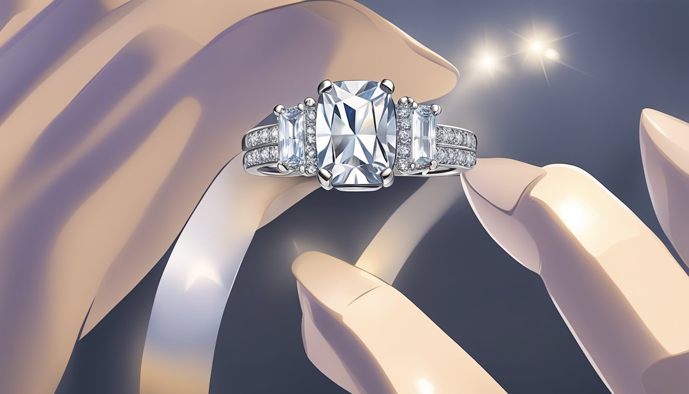 A hand reaches for a sparkling diamond ring in a luxurious jewelry store in Singapore