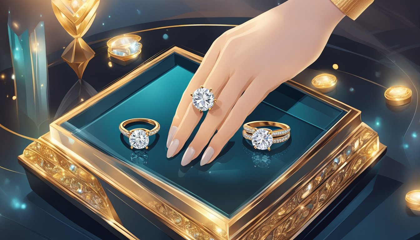 A hand reaches for a sparkling diamond ring in a velvet-lined display case, surrounded by soft lighting and luxurious decor