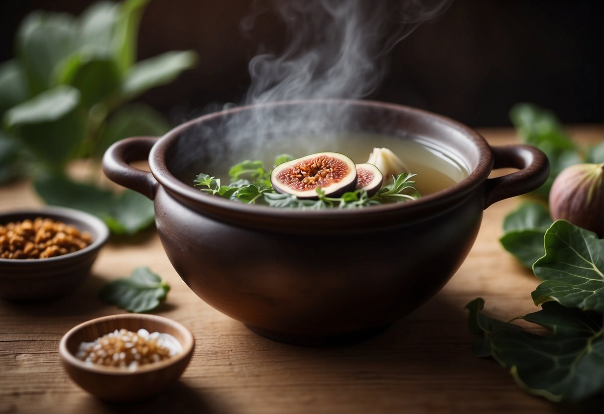 A steaming pot of Chinese fig soup sits on a wooden table, surrounded by traditional Chinese herbs and ingredients. The aroma of the soup fills the air, evoking a sense of warmth and comfort