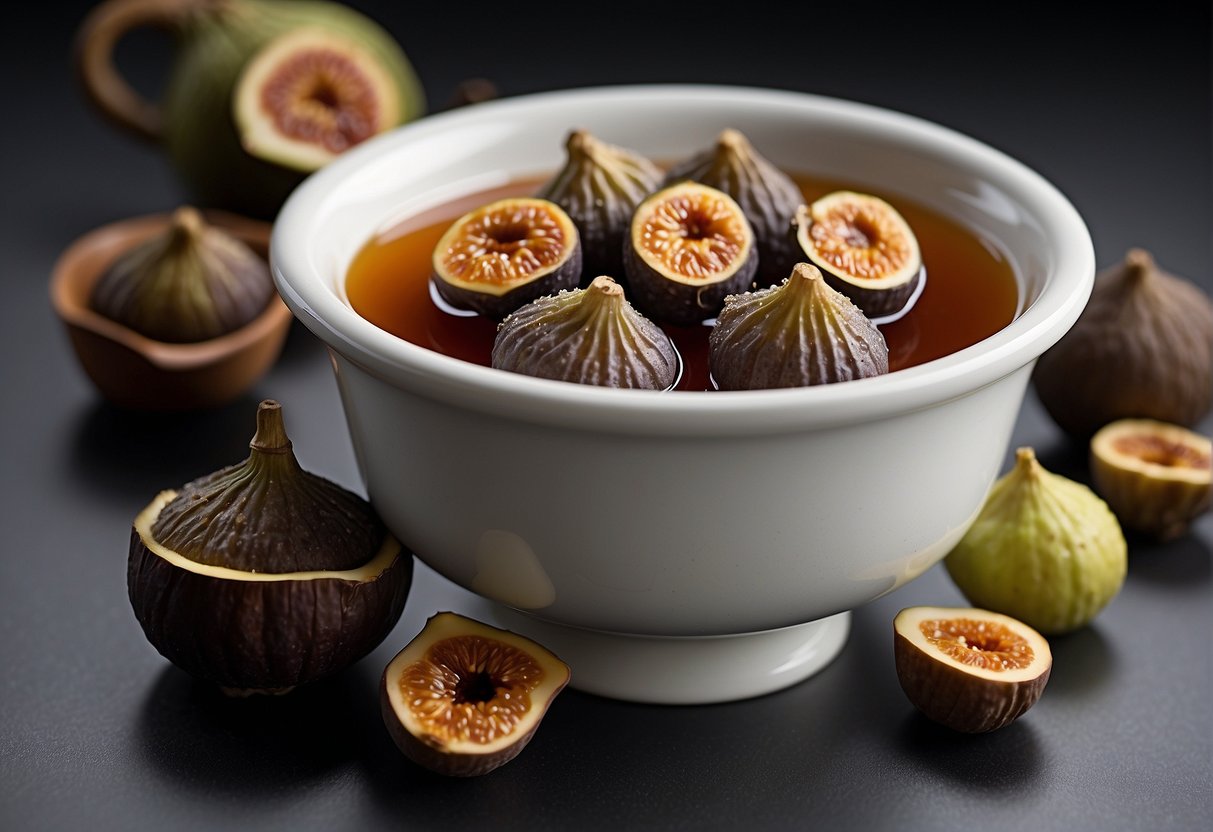 A pot simmering with dried Chinese figs, water, and rock sugar. Nearby, a bowl of honey and a plate of fresh figs