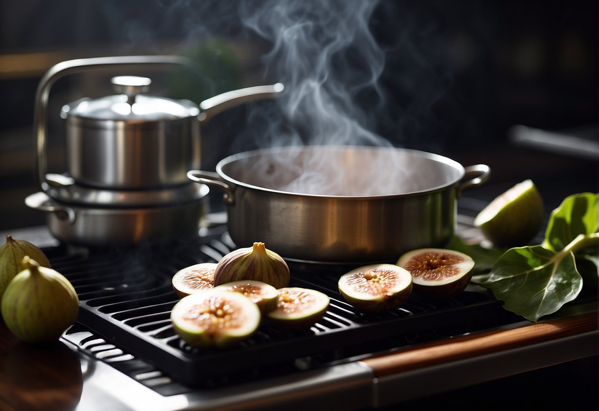 A pot simmers on a stove with Chinese figs, ginger, and water. A cutting board holds sliced figs and ginger. Ingredients surround the pot