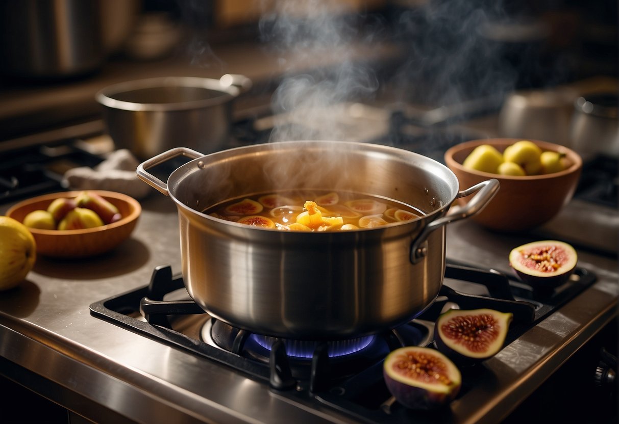 A pot simmers on a stove with figs, honey, and water. Steam rises as the ingredients meld together, creating a fragrant Chinese fig soup